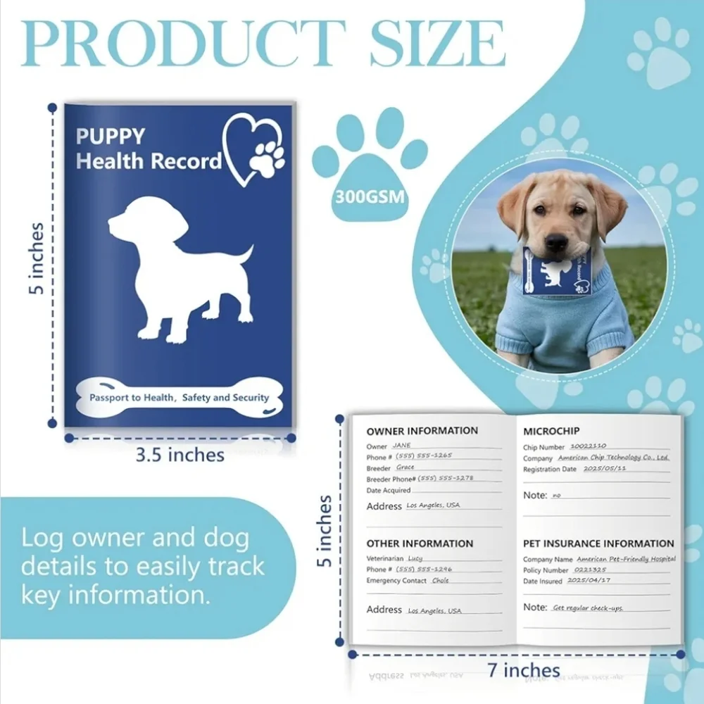 Blue Puppy Health Record Book Notebook Dog or Cat medical and vaccine book